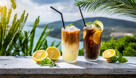 summer lemonade and iced coffee on a background generative aiの素材