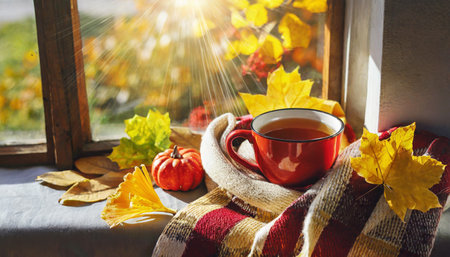 cozy warm autumn composition with cup of hot tea cozy plaid blanket and autumn leaves by a window on sunny day autumn home decor fall mood thanksgiving halloweenの素材