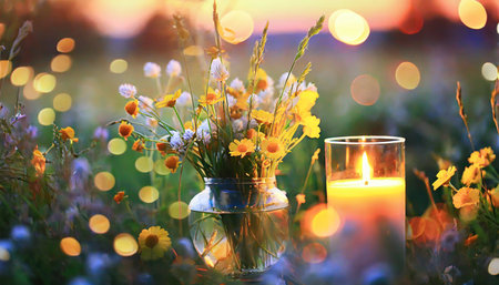 wildflowers field nature landscape abstract defocused blur background view summer flowers with lit candle in a glassの素材