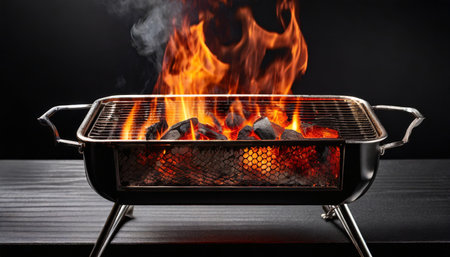 hot empty portable barbecue bbq grill with flaming fire and ember charcoal on black background waiting for the placement of your food close upの素材