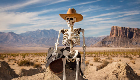 skeleton cowboy with hat and desert backgroundの素材