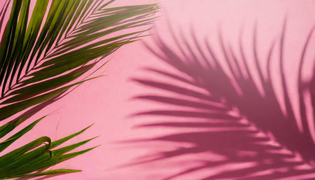 blurred shadow of tropical palm leaves on pink wall background summer conceptの素材