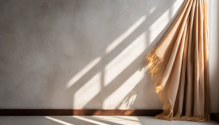 home design ideas mock up creative background white concrete wall with beige curtain hanging on the wall with sun light make shade from shadow frame house beautiful generative aiの素材