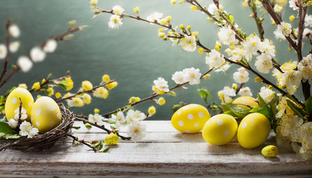 easter background with flowering branches and yellow eggsの素材