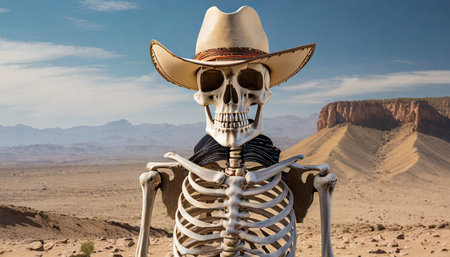 skeleton cowboy with hat and desert backgroundの素材