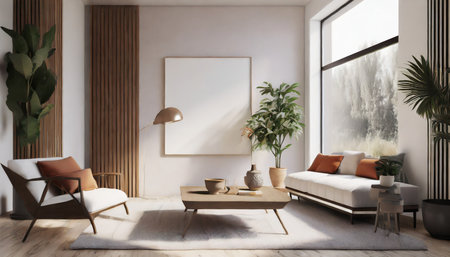 home mockup contemporary minimalist living room interior 3d renderの素材