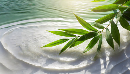 spa background banner with green bamboo leaf on white water wave in sunlight concept with copy space for travel cosmetics and beauty careの素材