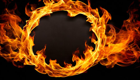 flames form a circle on a black background with space for copyの素材