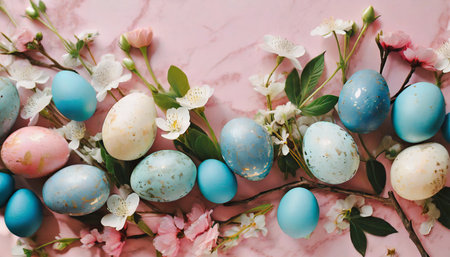 stylish easter eggs and spring flowers border on pink paper flat lay space for text modern natural dyed blue and marble easter eggs happy easter greeting card templateの素材