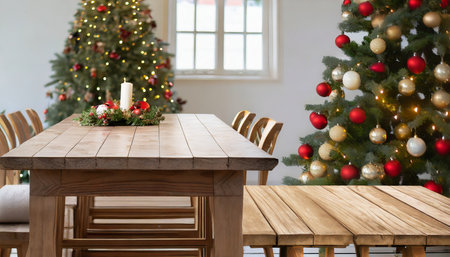 wood dining table with copy space and christmas tree in the backgroundの素材