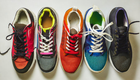 various multi colored pairs of men s sneakers on white background top view sports shoes for men or women footwear for running fitness healthy lifestyle minimal background with sneakersの素材