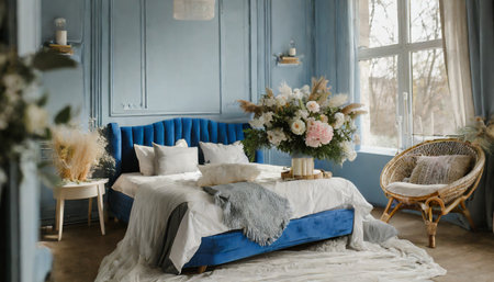 cozy light blue bedroom with flowers and candles pillows duvet and duvet case on a bed blue bed linen on a blue sofa bedroom with bed and bedding blurred view of light bedroom with big window aiの素材
