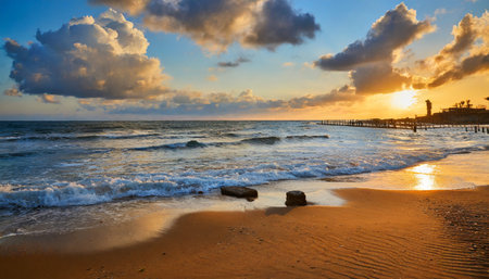 landscape with sea sunset on beachの素材