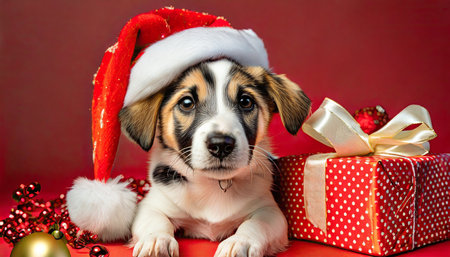 holiday gifts for pets for christmas new year pets pets holiday shopping gifts background cute spotted dog puppy in santa hat with christmas decorations and big gift box on red backgroundの素材