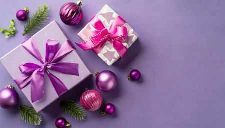christmas day concept top view photo of lilac gift boxes with ribbon bows pink and purple baubles on violet background with copyspaceの素材