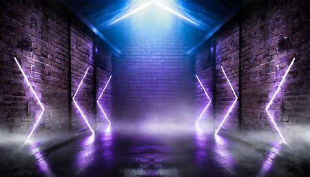 background of an empty corridor with brick walls and neon light brick walls neon rays and glow ultraviolet background of empty foggy street with wet asphalt illuminated by a searchlightの素材
