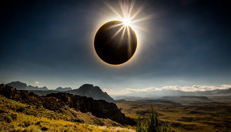 Panoramic view of the sun rising over the mountains in the valley of the moonの素材