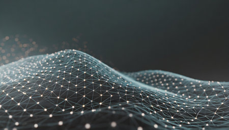 Futuristic technology background with polygonal shapes and connecting dots. Connection structure. Big data visualization.の素材