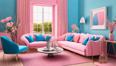 Interior of living room with pink sofa and blue armchair. 3d renderの素材