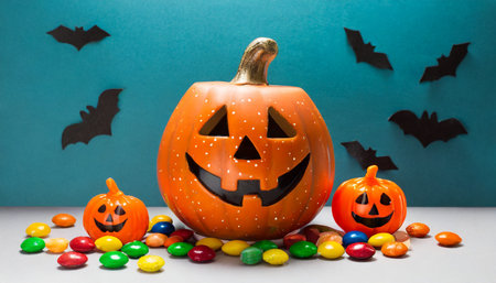 Halloween pumpkins with candies and bats on a blue backgroundの素材