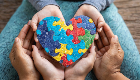 Hands holding puzzle heart on wooden background, closeup. Autism conceptの素材