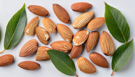 Almond nuts with green leaves on white background. Top view.の素材