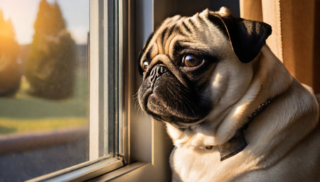 Cute pug dog looking out the window in the morning.の素材