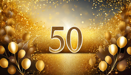 50th Years Anniversary Celebration Design with Gold Balloons and Bokeh Background.の素材