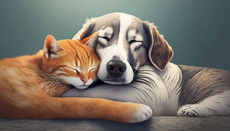Cat and dog sleeping together. Concept of friendship between pets and animals.の素材