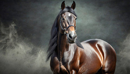 Portrait of a bay stallion on a dark background with smokeの素材
