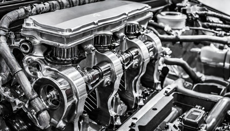 Close-up of the engine of a modern car. Black and white photo.の素材