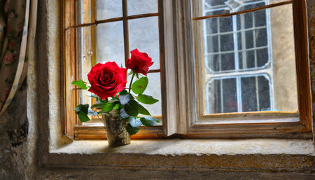 Red roses in a vase on the windowsill of an old houseの素材