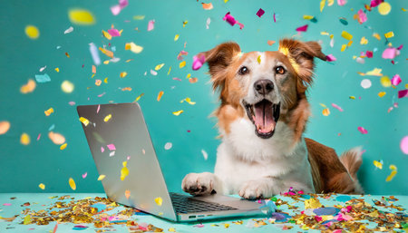 Happy dog with laptop and confetti on blue background. Concept of congratulation.の素材