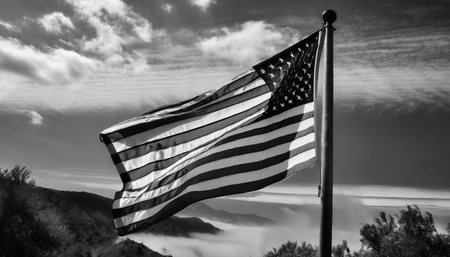 American flag waving in the wind with misty mountain background. Black and white.の素材
