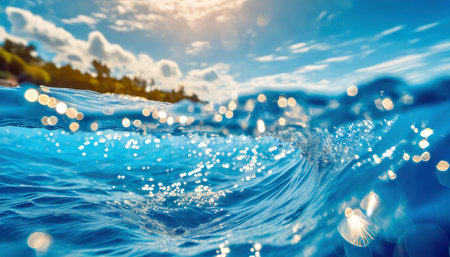 Surface of the ocean wave with sun glare and bokehの素材