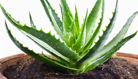 Aloe vera plant in pot on white background with copy spaceの素材