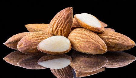 Almond nuts on a black background with reflection. Healthy vegetarian food.の素材