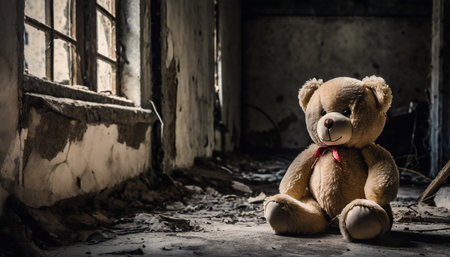 Teddy bear sitting in an abandoned building. Concept of loneliness and sadness.の素材