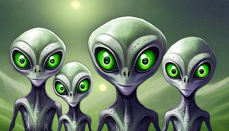 alien group with green eyes in the starry sky 3d illustration