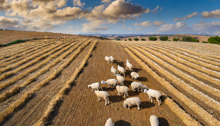 Flock of sheep in a field, Sardinia, Italy.の素材