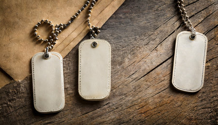 Blank price tags with chain on old paper and wooden background.の素材