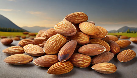 Almond nuts on a background of mountains and sky with clouds.の素材
