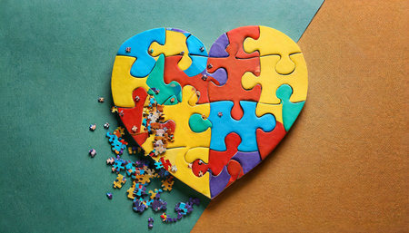 Colorful puzzle heart on color background, closeup. Autism conceptの素材