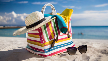 Straw hat, sunglasses and beach bag on a sandy beach.の素材