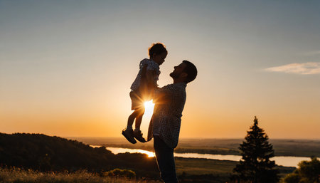 Happy father and son playing on the nature at the sunset. Concept of friendly family.の素材