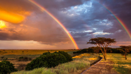 Rainbow over the savannah in Serengeti National Park, Tanzaniaの素材
