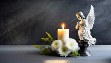 Angel statue with candle and flowers on grey background. Copy space.の素材