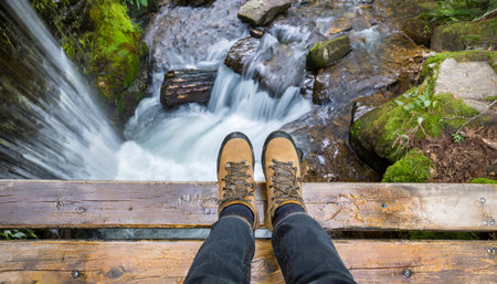 Selfie of woman's feet in boots standing on wooden bridge over waterfallの素材