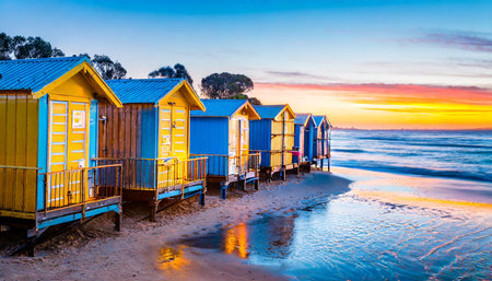 Colorful bathing huts on Brighton Beach at sunrise, Melbourne, Australiaの素材