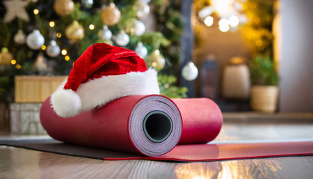Yoga mat and Santa Claus hat on wooden floor in front of christmas treeの素材